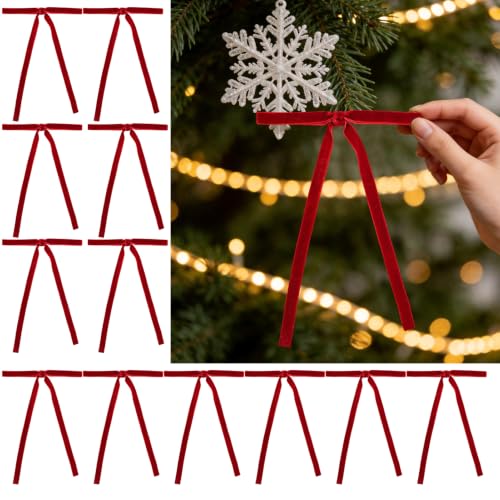 Christmas Velvet Ribbon Bows 5x7 Inch Set of 12 Red Holiday Decorations