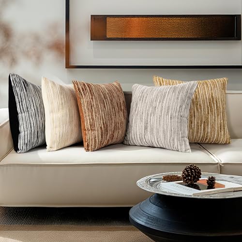 AELS 20x20 Beige Chenille Striped Throw Pillow Covers, Set of 2, Boho Style