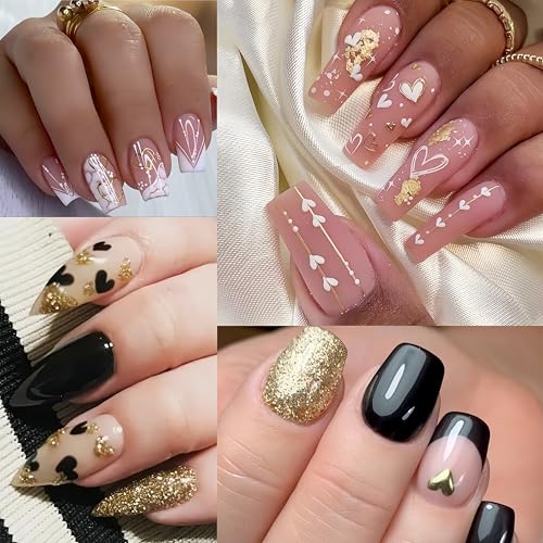 Valentine Heart Nail Art Stickers - 6 Sheets Black Gold 3D Decals