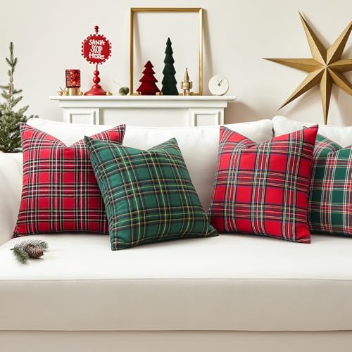 OTOSTAR Christmas Scottish Plaid Throw Pillow Cover, Red and Green, 24x24