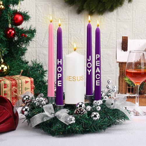 Christmas Advent Wreath Candle Holder Set with Pillar and Taper Candles - Silver, 5 Pieces - Holiday Decor