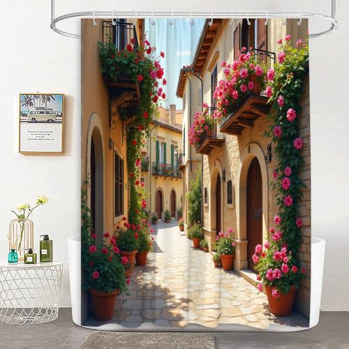 JEJOMEAG Italian Mediterranean Shower Curtain 70x70 Inches Tuscany Europe Fabric Bathroom Decor