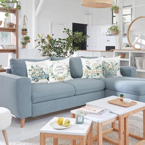 Eucalyptus Leaves Throw Pillow Covers Set of 4 - 18x18 Inch Velvet Decorative Cushions for Home Decor