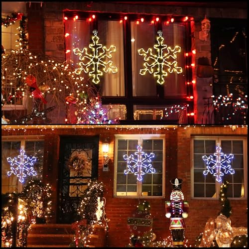 Snowflake Christmas Window Lights 12 Inch Blue White LED String Lights - 8 Modes Battery Powered Set with Suction Hooks