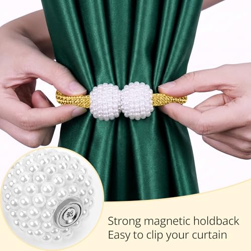 Magnetic Curtain Tiebacks 6 Pack - No Drill Heavy Duty Holdbacks with Pearl, 18.9" Gold