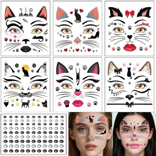 Cat Face Gems Crystal Temporary Tattoos 6 Sheets Festival Makeup