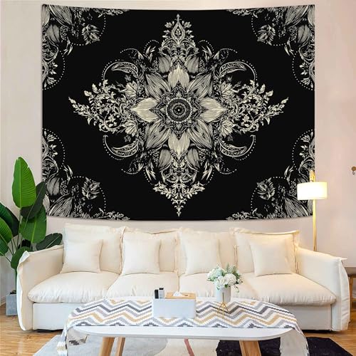 Lifeel Black and White Floral Tapestry 48" x 36" | Boho Wall Hanging