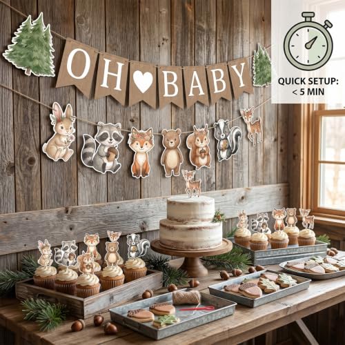 Oh Baby Woodland Animal Banner for Baby Shower – Rustic Boho Party Decor