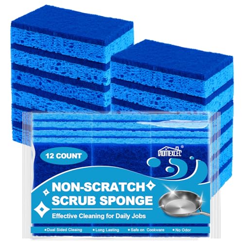 HOMEXCEL Blue Non-Scratch Dish Sponges - 12 Pack for Kitchen Cleaning