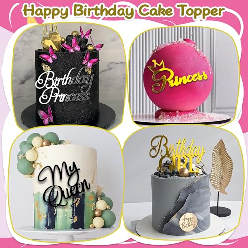 24PCS Queen Birthday Cake Toppers - Black, Gold & Silver Decorations