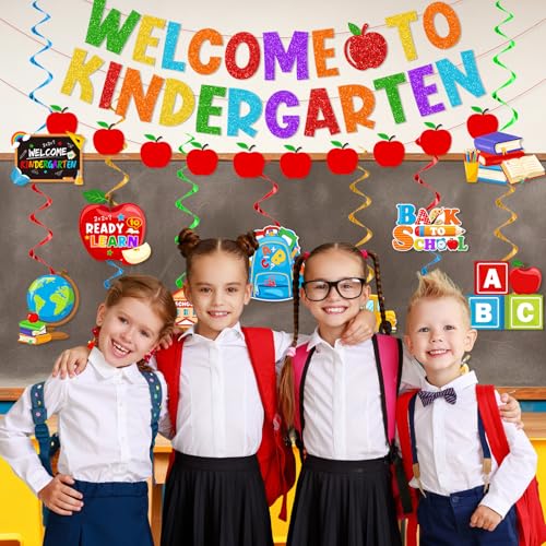 Back to School Kindergarten Decorations Kit with Banner & Hanging Swirls