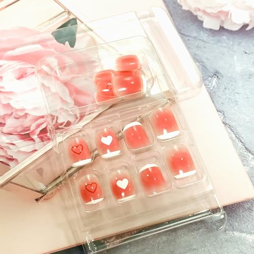 Onsdag Pink Short Coffin Press On Nails with Heart Designs - 24Pcs Glossy Acrylic False Nails Set