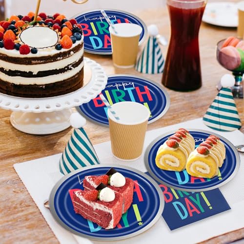 Blue Birthday Party Plates Napkins Set - 40 Pcs Navy Blue Disposable Tableware for Celebrations