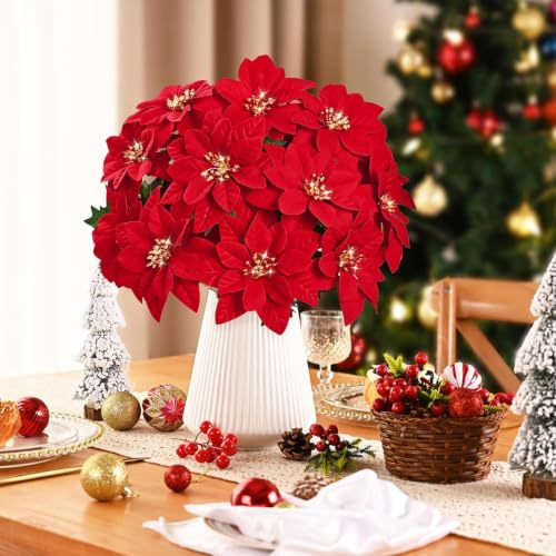 Artificial Poinsettia Flowers - Red Velvet 24 Pack, 17-Inch Christmas Decor