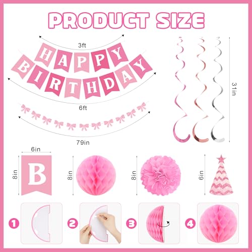 Ouddy Life Pink & White Birthday Decorations Set - Banner & Honeycomb Balls