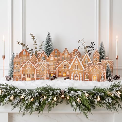 Classic Wooden Gingerbread House Decor Set with LED Lights for Above The Cabinet - Farmhouse Christmas Village Silhouettes