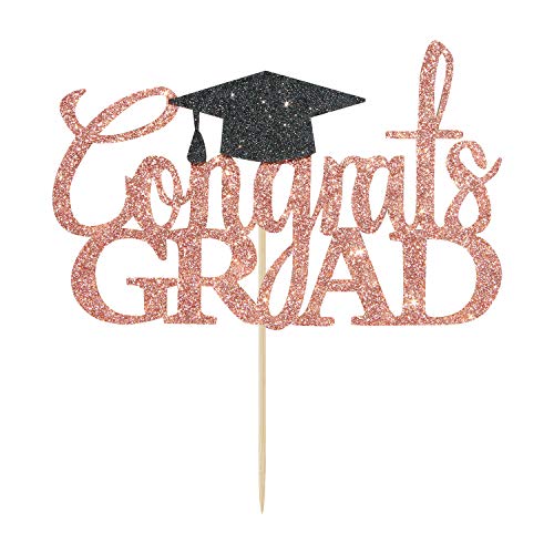 Congrats Grad Cake Topper - Rose Gold Glitter for 2026 Graduation
