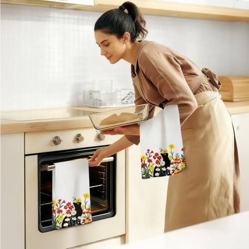 Floral Black Cat Dish Towels - 16x24 Inch Kitchen & Bathroom Decor