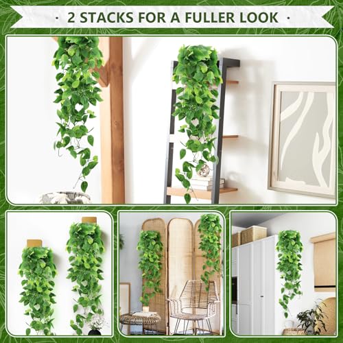 HOREAKHJ 2-Pack Faux Hanging Plants - Green Pothos Ivy Vines for Indoor & Outdoor Decor