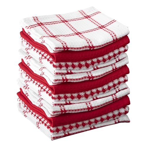 T-Fal 100% Cotton Waffle Dish Cloths - Highly Absorbent Kitchen Towels, Red