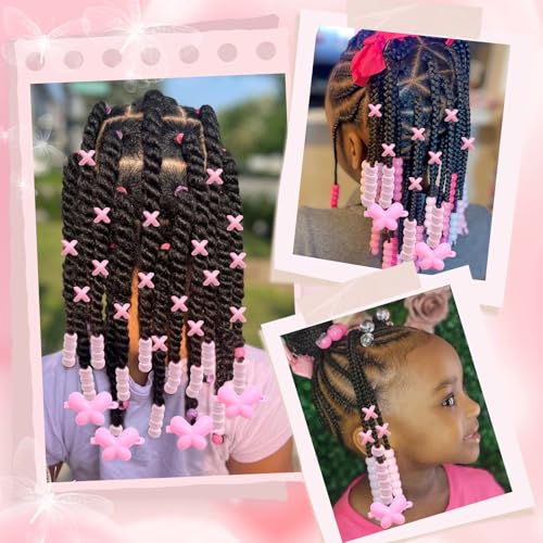 NAISKA 60Pcs Pink Hair Beads and Butterfly Clips for Kids Braids