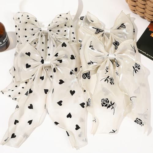 Papasgix Big Silk Hair Bow Clip with Long Ribbon - White Butterfly