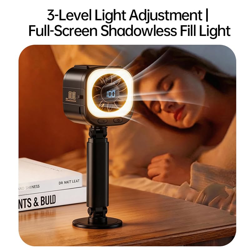 MISERWE White Portable Handheld Fan with 5 Speeds & 3 Lighting Levels