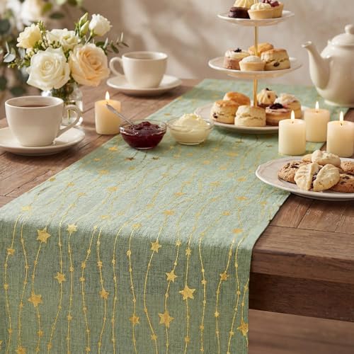 Gold Stars Sage Green Burlap Table Runner 12x48 Inch - Artoid Mode