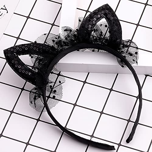 Black Lace Cat Ears Headband with Bowknot Cosplay Party Hair Hoop