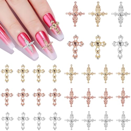Kurilai 3D Metal Cross Nail Charms - 30Pcs Punk Alloy Nail Art Studs