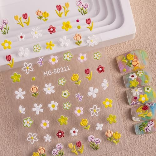 5D Embossed Flower Nail Art Stickers - Colorful Daisy Floral Decals Set (6 Sheets)