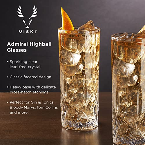 Viski Admiral Highball Glasses, Crystal Drinking Glasses, Elegant Glassware for Whiskey, Vodka, Cocktails, Perfect for Home Bars, Indoor & Outdoor Parties, Stylish Drinkware, 9 oz, Set of 4