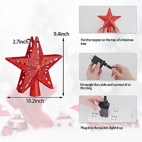 Christmas Tree Topper Lighted Star with 6 Projected Patterns - Rotating 3D Glitter Xmas Decor - Red - Variation 1