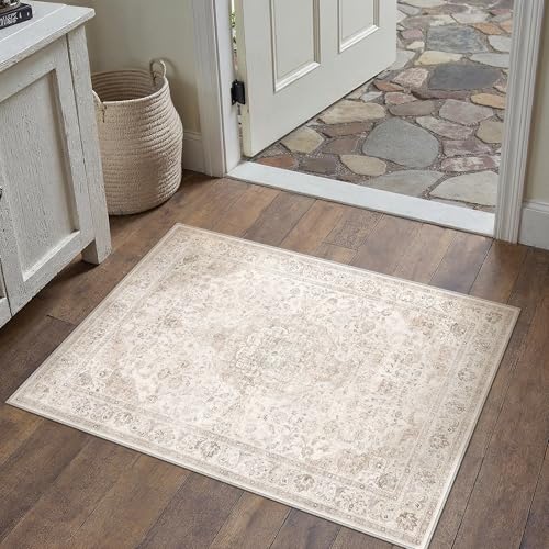 HUGEAR 2x3 Vintage Area Rug, Zest Beige Low Pile Washable Entryway Mat
