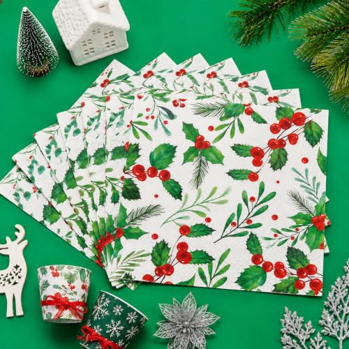 Christmas Holly Berry Paper Napkins - Red Green 50Pcs 6.5 x 6.5 Inch Holiday Tableware