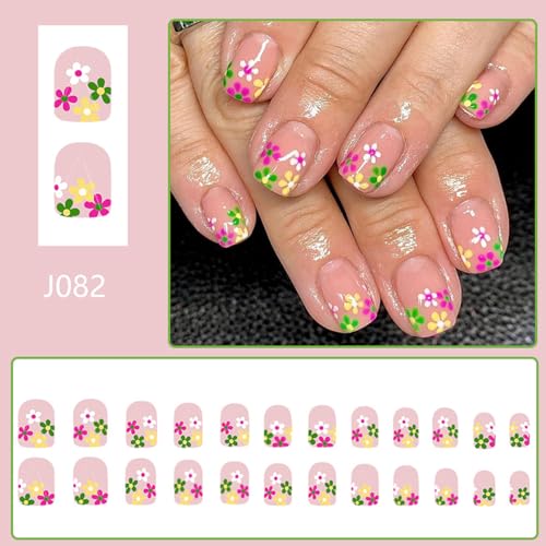 BSBTBZ Flower Press-on Nails Short Square Glossy Acrylic French Tip False Nails