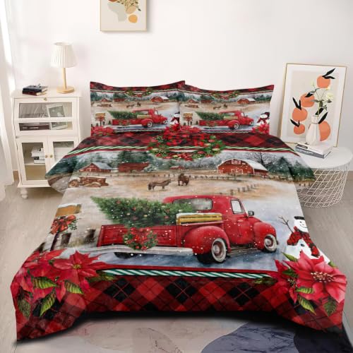 Sedefen Christmas Comforter Set Queen Red Gingham Truck Farmhouse Bedding - Variation of King