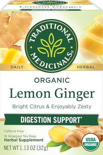 Traditional Medicinals Organic Lemon Ginger Tea Bags, 16 Count - Supports Digestion, Caffeine-Free, Non-GMO