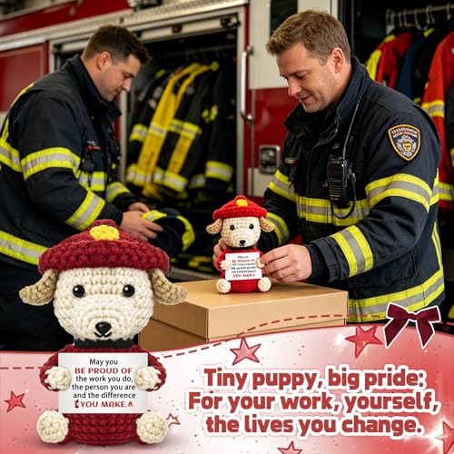 Handmade Crochet Firefighter Dog Gift for Men - Inspirational Decor
