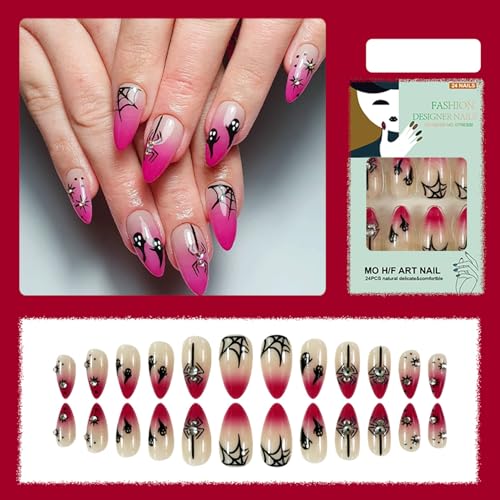 Halloween Press on Nails Medium Almond Fake Nails with Spider Web Designs