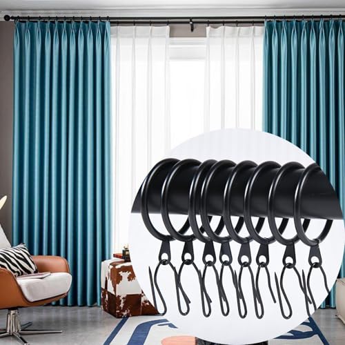 60 Metal Curtain Rings & Hooks Set - Durable Black 30mm Diameter