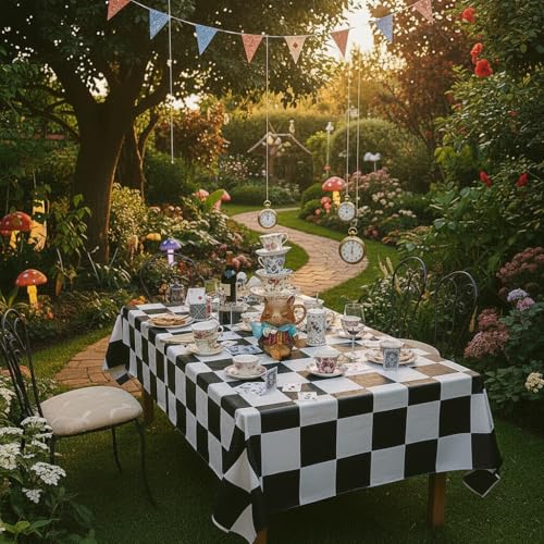 BRALEO Black and White Checkered Tablecloth, 55" x 98" PVC Party Table Cover