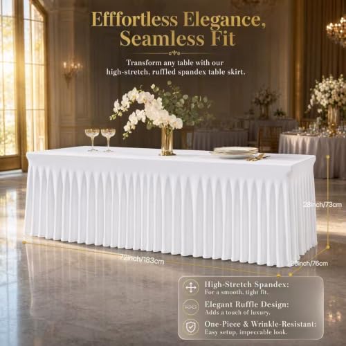 White Stretch Spandex Tablecloths 6ft Fitted with Skirt for Weddings Party Banquets