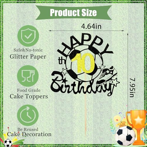 Black Soccer Happy 10th Birthday Cake Topper - Glitter Decor