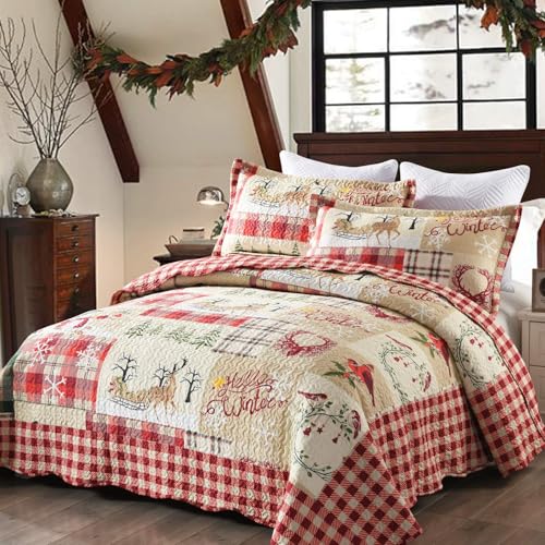 King Christmas Reindeer Plaid Quilt Set - Red Patchwork Bedding