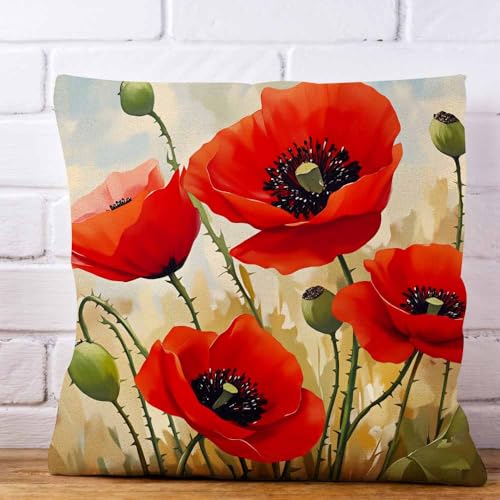 LAVVIEGO 18x18in Red Poppies Throw Pillow Cover - Floral Linen Blend Cushion