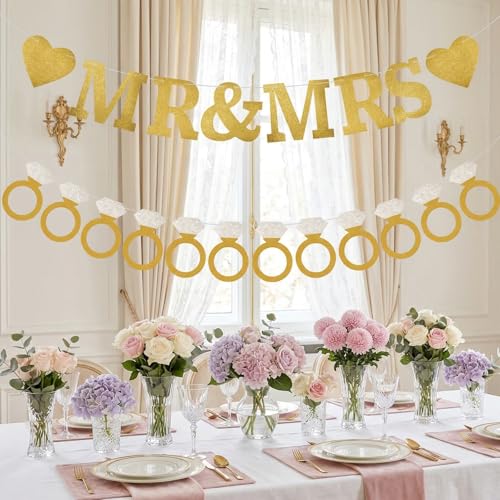 Gold Glitter MR & MRS Ring Banner Set for Weddings & Bridal Showers