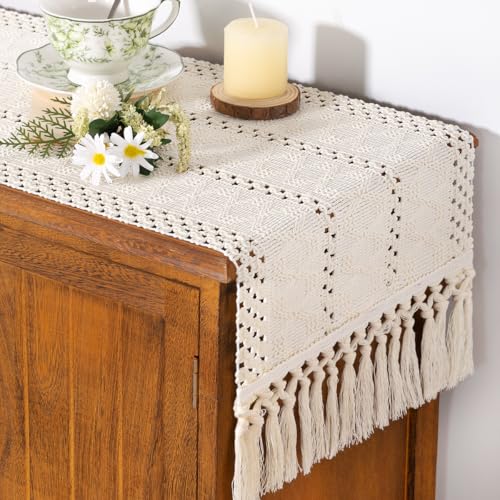 Boho Farmhouse Table Runner Fall Decor Cream 12x72 Inches - Rustic Home Accessory