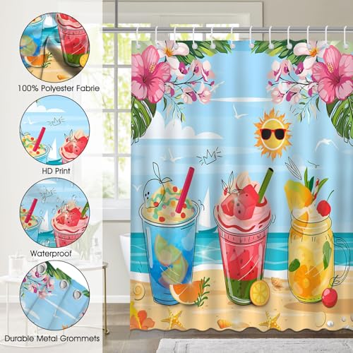 Mocsicka Summer Shower Curtain - Colorful Tropical Beach Design, 72x72 Inch with Hooks