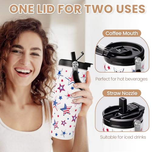 Star American Flag Tumbler with Handle 30oz - Stainless Steel Insulated Travel Mug - USA Gifts for Women & Girls